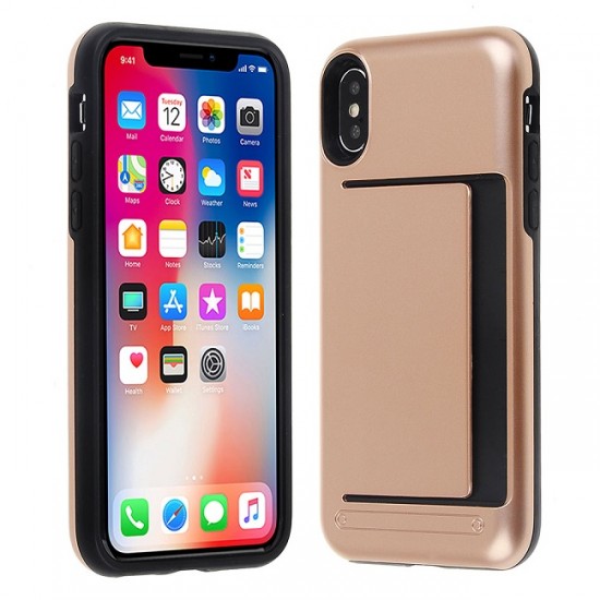 Capa Silicone Tpu Com Suporte De Cartão Apple Xs Max Dourado