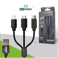 Cabo Usb Com Saída Multiplas New Science Ref: 5810 Preto 3 Em 1 Tipo-C, Micro Usb, Iphone 6/7/8/10 2.4a