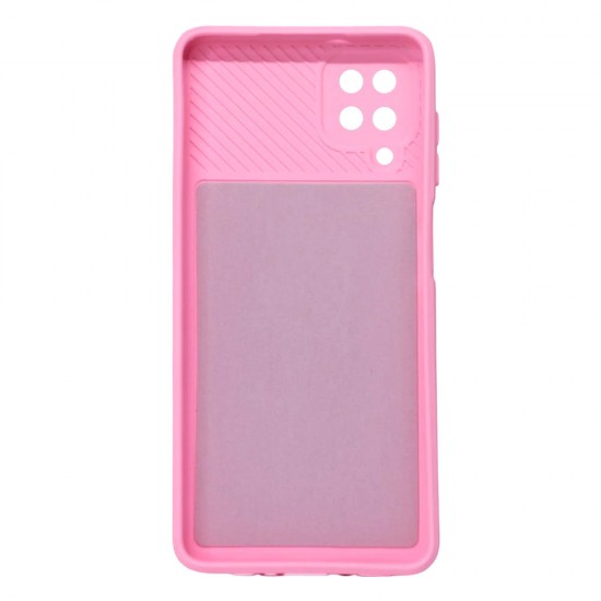 Capa Silicone Gel Samsung Galaxy A12 Rosa Com Protetor De Câmera E Janela Deslizante