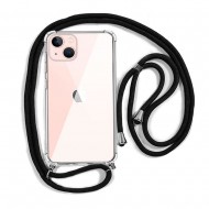 Capa Silicone Dura Anti-Choque Apple Iphone 13 Transparente Com Corda Preta