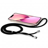 Capa Silicone Dura Anti-Choque Apple Iphone 13 Transparente Com Corda Preta