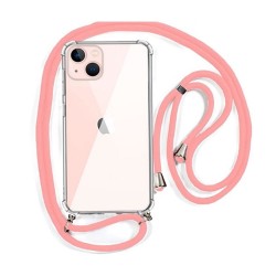 Capa Silicone Dura Anti-Choque Apple Iphone 13 Transparente Com Corda Rosa