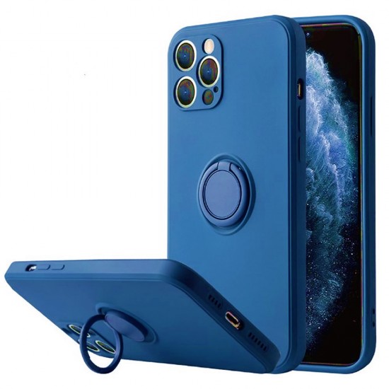 Capa Silicone Com Anel De Dedo Apple Iphone 14 Pro Azul Escuro Com Protetor De Câmera