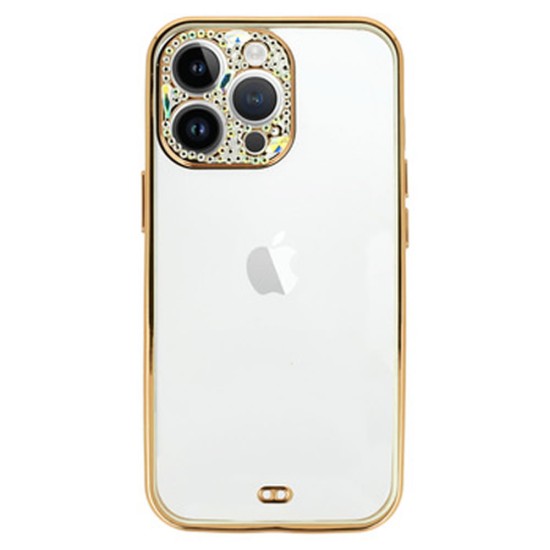Apple Iphone 14 Pro Gold With Camera Protector And Glitter Stones Silicone Gel Case