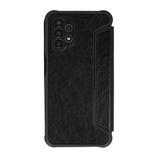 Samsung Galaxy A13 4G Black Leather Razor Carbon Flip Cover Case With Camera Protector