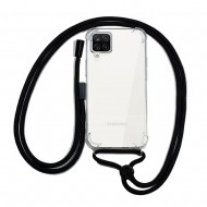 Capa Silicone Dura Anti-Choque Samsung Galaxy A12 Transparente Com Corda Preta