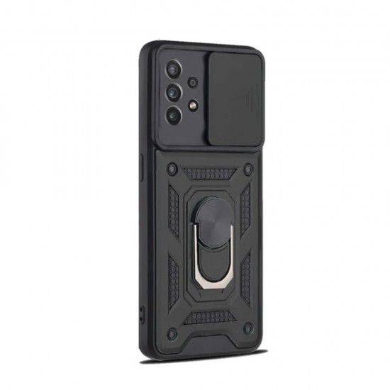 Samsung Galaxy A13 4G Black Finger Ring TPU Silicone Case With Camera Protector And Sliding Window Samsung Galaxy A13 4G Black Finger Ring TPU Silicone Case With Camera Protector And Sliding Window