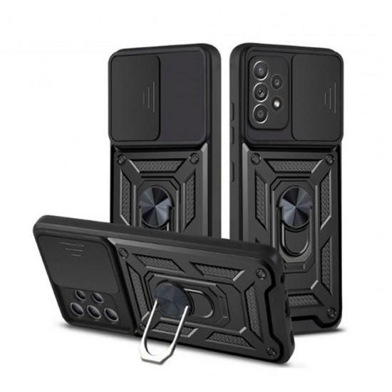 Samsung Galaxy A13 4G Black Finger Ring TPU Silicone Case With Camera Protector And Sliding Window Samsung Galaxy A13 4G Black Finger Ring TPU Silicone Case With Camera Protector And Sliding Window