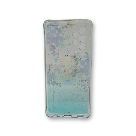 Capa Silicone Com Desenho Bling Glitter Samsung Galaxy A52 / A52s Azul Flowers Com Kickstand