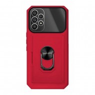 Samsung Galaxy A13 4G Red Metal Kickstand Hard Silicone Case With Camera Protector And Card Slot