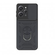 Xiaomi Redmi 12 Black Finger Ring TPU Silicone Case With Camera Protector And Sliding Window