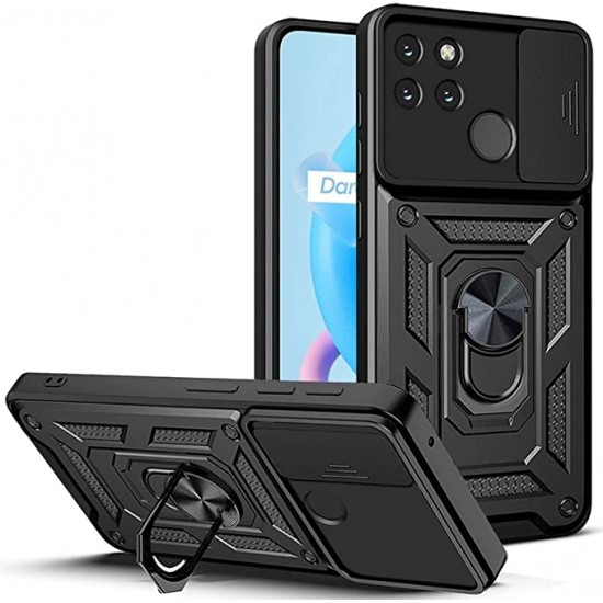 Capa Silicone Com Anel De Dedo Realme C21y Preto Com Protetor De Câmera E Janela Deslizante