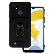 Realme C21 Black Finger Ring Silicone Case With Camera Protector And Sliding Window