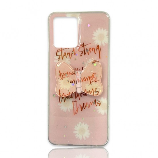 Capa Silicone Com Desenho Bling Glitter Realme 8 / 8 Pro Rosa Borboleta Stand Strong