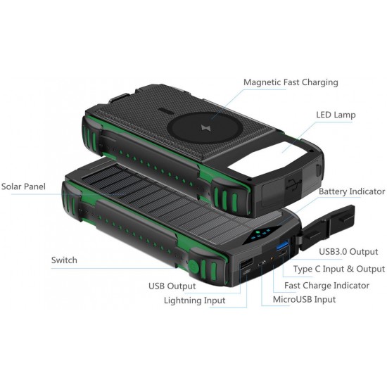 Power Bank 4smarts Titanpack Ultimag Green 20000mAh 5V/3A Usb-C/Usb-A/Micro Usb/Lightning With Solar Panel And Flashlight