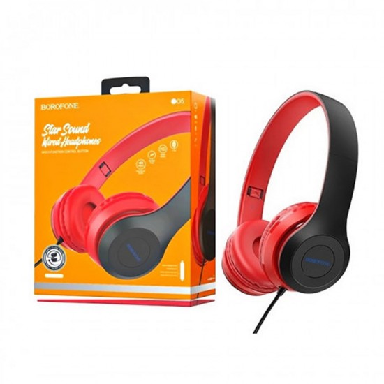 Auscultador Borofone Star Sound Bo5 Vermelho 3.5mm Com Fio 1.2m