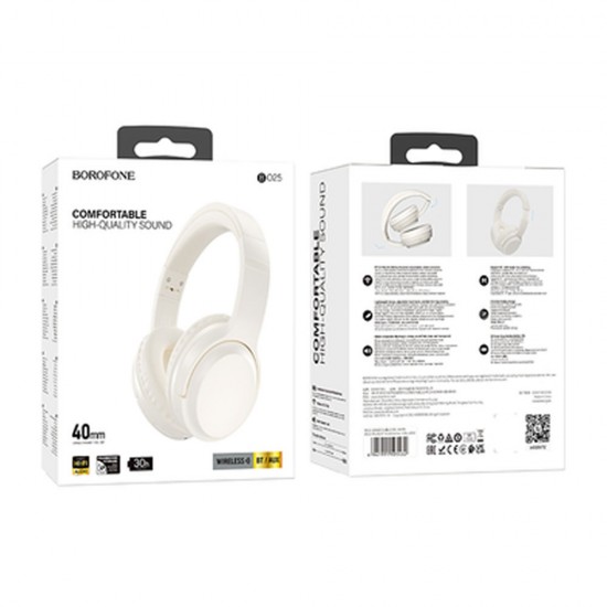 Auscultador Borofone Bo25 Branco 40mm Sem Fio Bluetooth E Aux