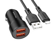 Borofone BZ19 Black Dual Port USB Car Charger For Iphone 12W Lightning Cable