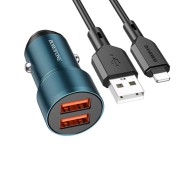 Borofone BZ19 Blue Dual Port USB Car Charger For Iphone 12W Lightning Cable