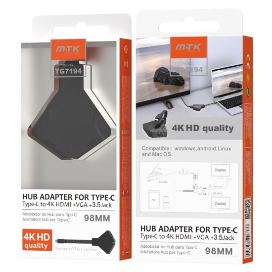 MTK TG7194 Black Type-C To 4k HDMI / VGA / 3.5 Jack Hub Adapter