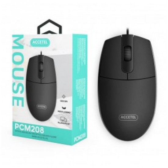 Mouse With Cable Usb Accetel Pcm208 Black 1200 Dpi, Comfortable E Light Weight