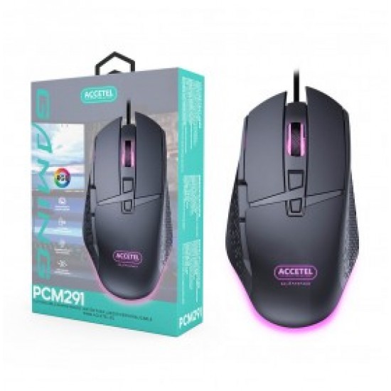 Mouse With Cable Usb Accetel Pcm291 Black Cable 1.8met. 4 Led Colores