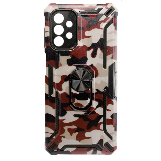 Capa Silicone Dura E Metal Com Anel De Dedo Samsung Galaxy A32 5g Desenho Militry Castanho Anti-Choque