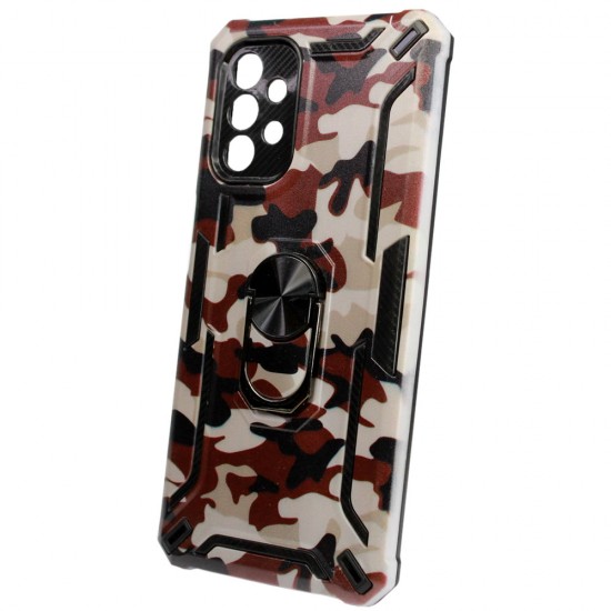 Capa Silicone Dura E Metal Com Anel De Dedo Samsung Galaxy A52 / A52s Desenho Militry Castanho Anel De Dedo Anti-Choque