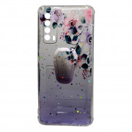 Cover Silicone Bling Glitter For Huawei P Smart 2021 Purple Flowers With Kickstand