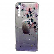 Cover Silicone Bling Glitter For Huawei P Smart 2021 Purple Flowers With Kickstand