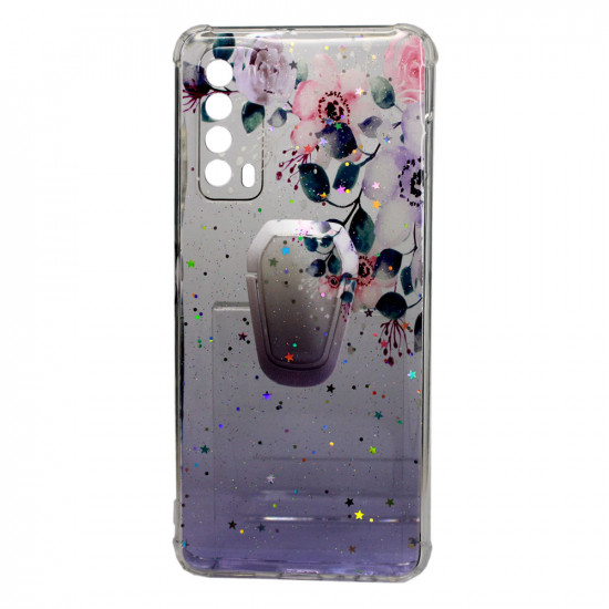 Capa Silicone Com Desenho Bling Glitter Huawei P Smart 2021 Roxo Flowers Com Kickstand