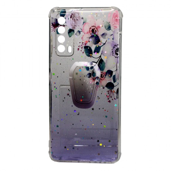 Capa Silicone Com Desenho Bling Glitter Huawei P Smart 2021 Roxo Flowers Com Kickstand