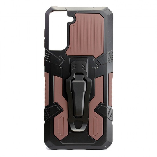 Capa Silicone Tpu Kickstand Heavy Duty Hibrid Samsung Galaxy S21 Plus / S30 Plus Castanho Suporte Poro Cinto Anti-Choque