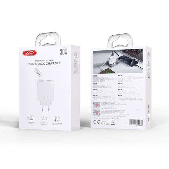 Adaptador Xo Ce31 Branco 30w 3.0a Usb/Usb-C Com Cabo Usb-C Retrátil Adaptador Xo Ce31 Branco 30w 3.0a Usb/Usb-C Com Cabo Usb-C Retrátil