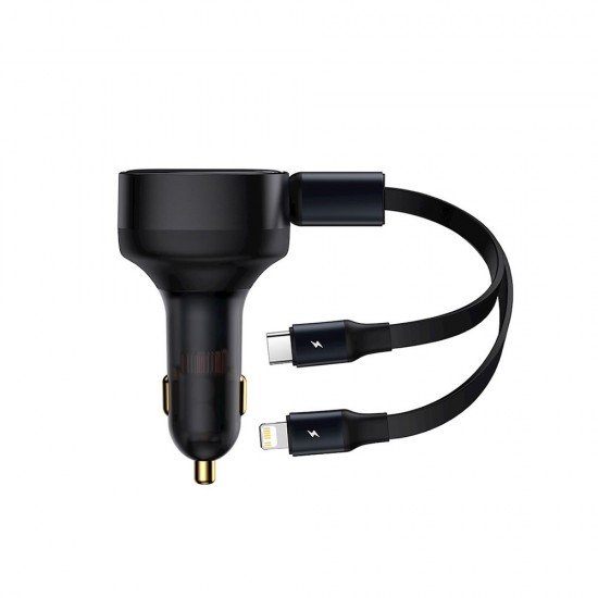 Carregador De Isqueiro Baseus Cgtx000001 Preto 30w Com Cabo Usb-C E Lightning Retrátil Carregador De Isqueiro Baseus Cgtx000001 Preto 30w Com Cabo Usb-C E Lightning Retrátil