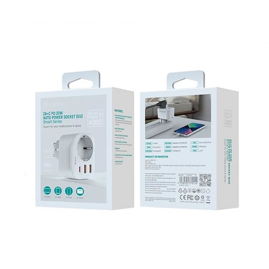Adaptador Devia Ww09-F-Pd Branco 20w 3.0a Usb/Usb-C E Soquete Adaptador Devia Ww09-F-Pd Branco 20w 3.0a Usb/Usb-C E Soquete