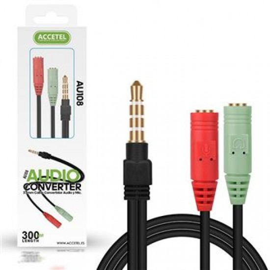 Cabo Aux Accetel Au108 Preto 3.5mm Convertidor De Áudio E Microfone