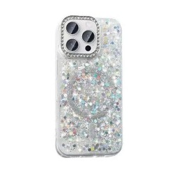 Capa Silicone Dura Apple Iphone 16 Pro Prata Com Glitter Magsafe