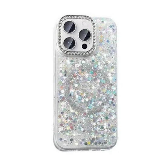 Capa Silicone Dura Apple Iphone 16 Pro Prata Com Glitter Magsafe Capa Silicone Dura Apple Iphone 16 Pro Prata Com Glitter Magsafe