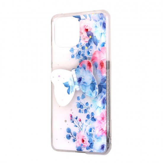 Funda de silicona con Bling Glitter Xiaomi Mi 11 Lite Diseño de mariposa Azul / Soporte fuerte