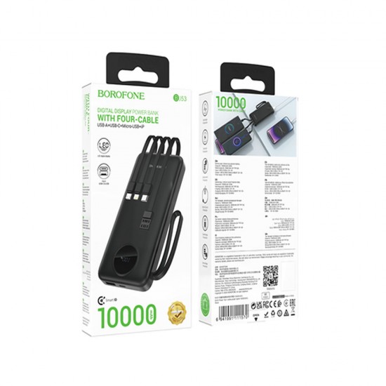 Borofone BJ53 Black 10000mAh Power Bank 2 Input And Cables USB/USB-C/Lightning/Micro Borofone BJ53 Black 10000mAh Power Bank 2 Input And Cables USB/USB-C/Lightning/Micro